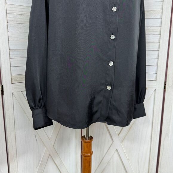 Express Satin Rhinestone Button Up Blouse Shirt Black Large - Picture 7 of 13